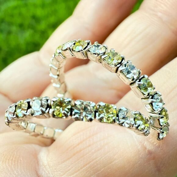 WOMEN’S SILVER HOOP EARRINGS WITH YELLOW & CLEAR CRYSTAL TENNIS SETTING - Picture 3 of 16